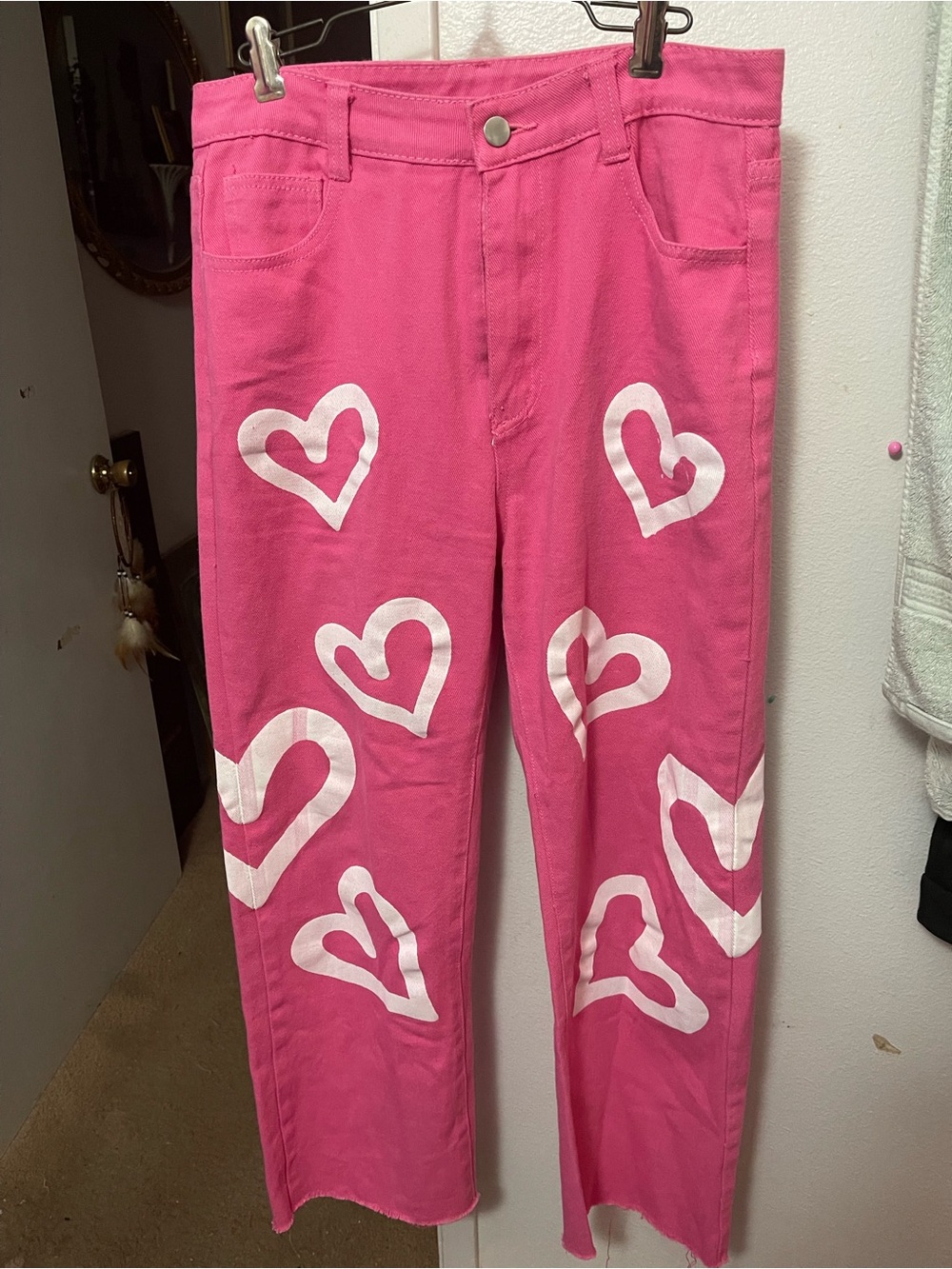Pink Heart Print Straight wide Leg Jeans
